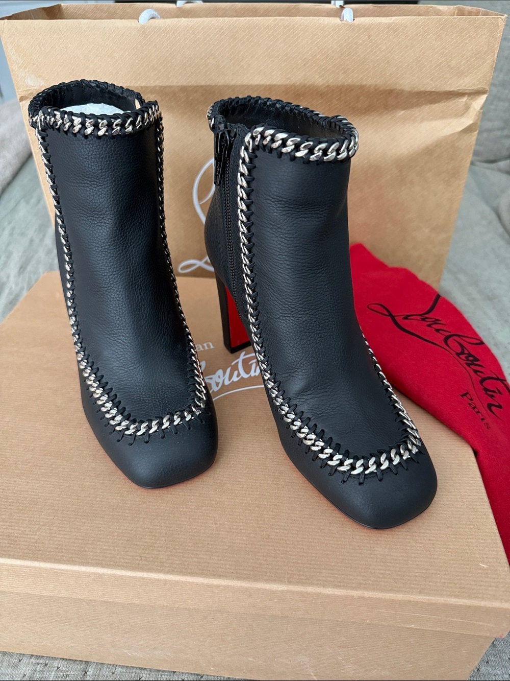 Christian Louboutin Black Leather Chain-Trim Ankle Boots